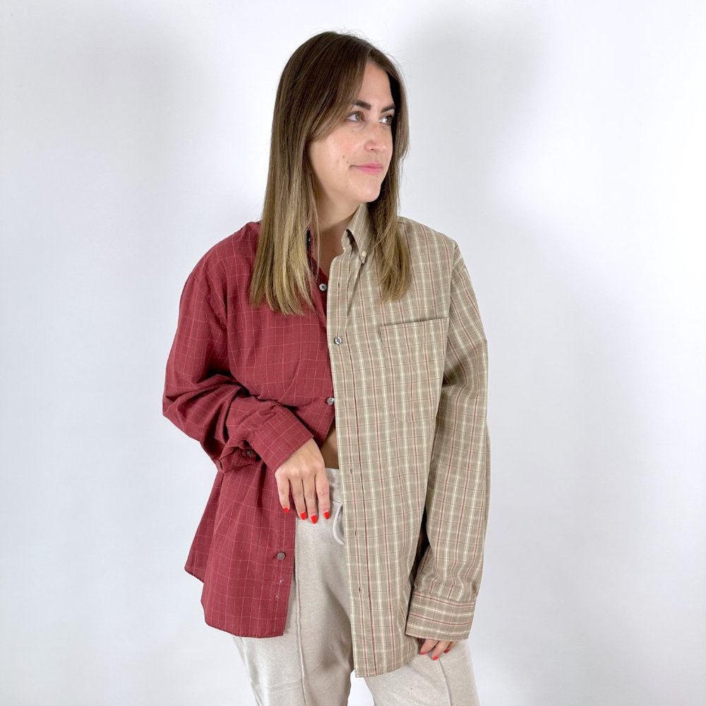 Tan and Red Plaid Half & Half Lounge Shirt